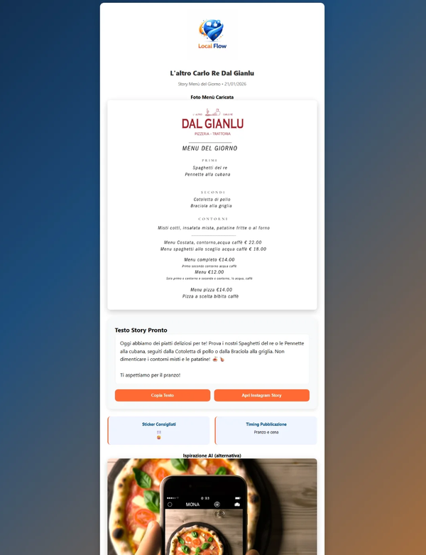Esempio story menu generata con analisi AI della foto menu del giorno